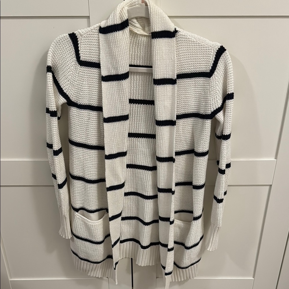 Athleta Navy and White Striped Cardigan Sweater XXS